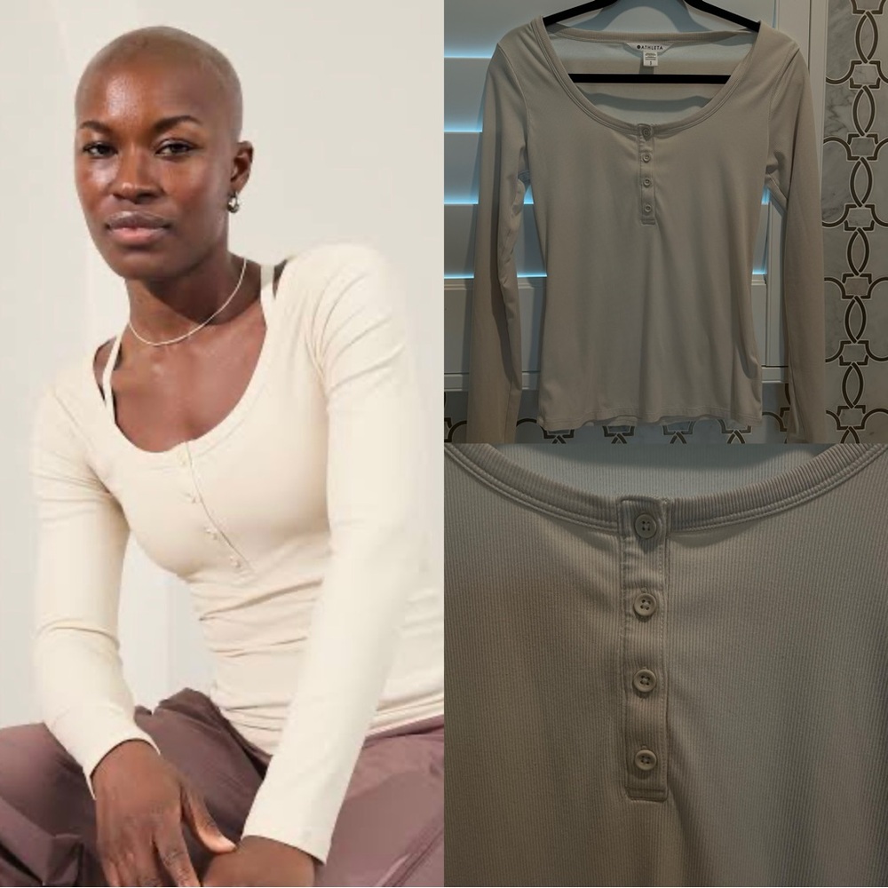 Athleta Bone (beige) Long Sleeve Ribbed Henley Top S